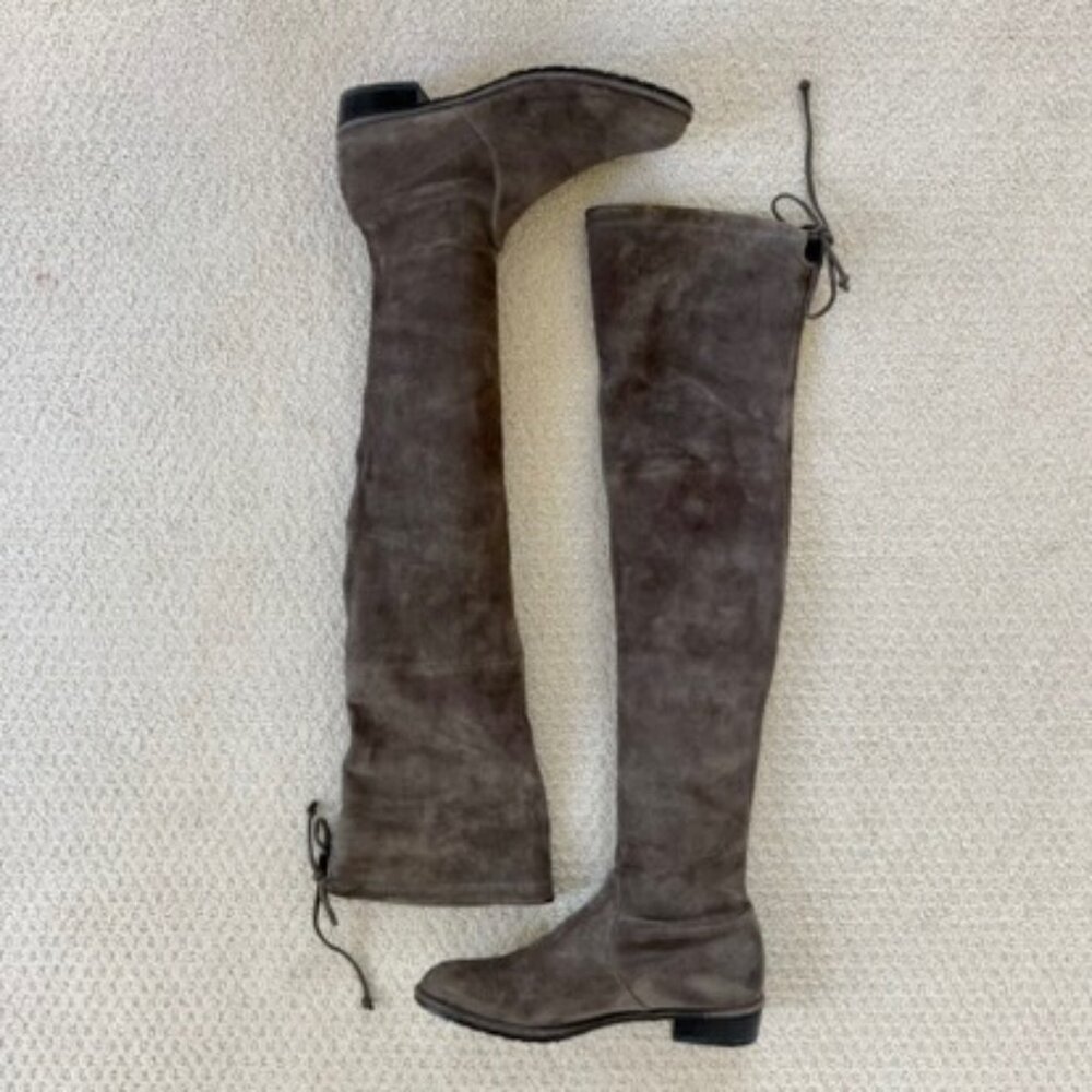 Stuart Weitzman Lowland OTK Boots Gray Suede 7 Minimalist Feminine Quiet Luxury - Picture 2 of 10